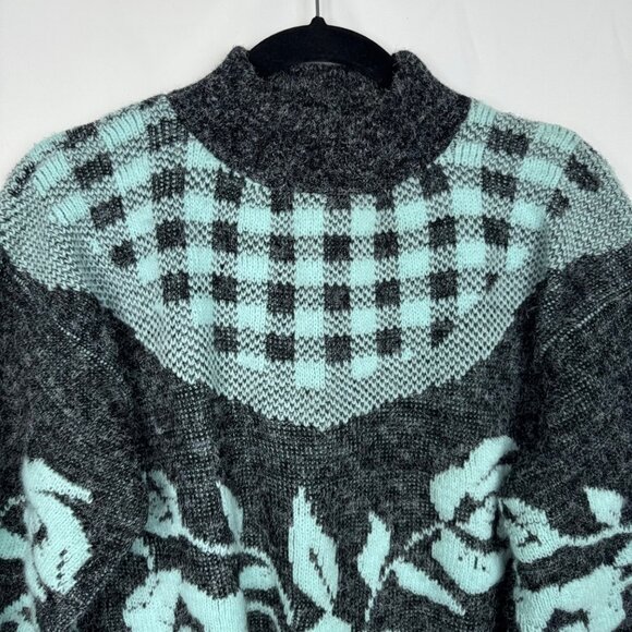 Vintage Arielle Grandmacore Granny Chic Floral & Checkered Cozy Knit Sweater Mad - Picture 2 of 7